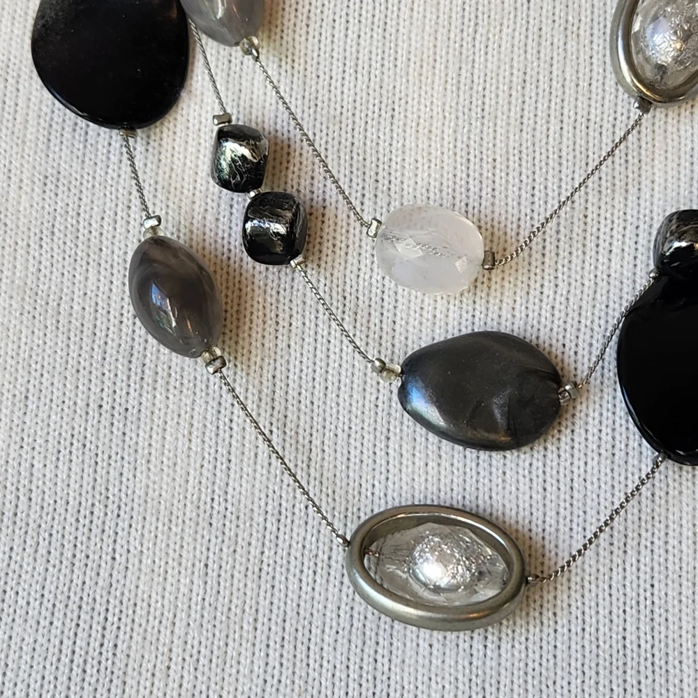 Designer New York Three Strand Silvertone Necklace w/ Various Stones & Beads